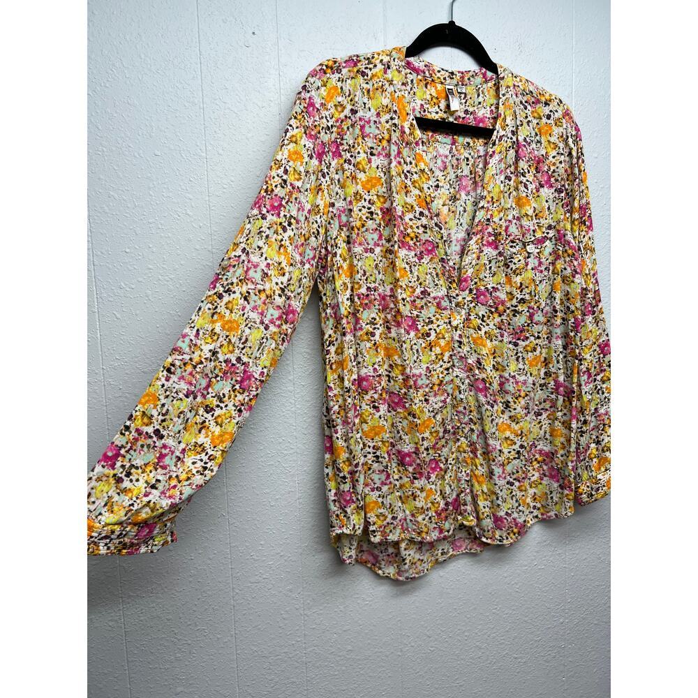 Kut From The Kloth Floral Crinkled Shirt Womens XL Roll Tab Sleeves Relaxed Boho - Picture 5 of 13